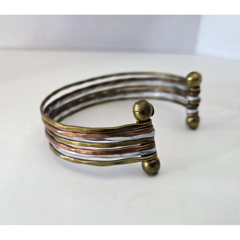 Tri Color 7 Band‎ Hammered Metal Cuff Bracelet Brass Silver Copper Tones Unisex